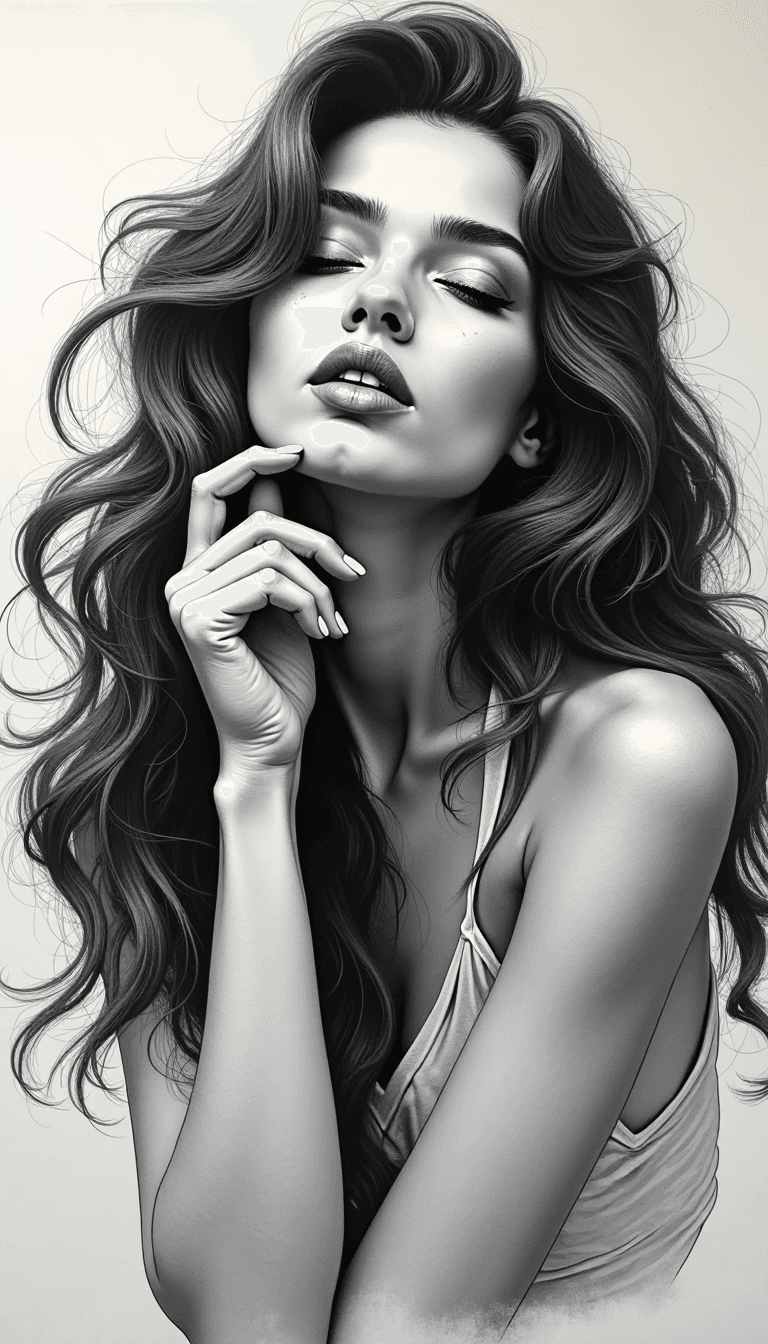 AI generated: The painting is a detailed black and white sketch of a woman with long, wavy hair that flows around ...