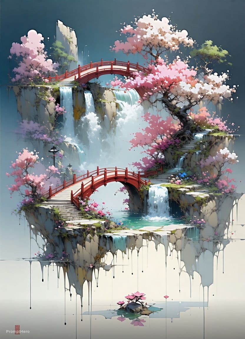 AI generated: long range view, Beautiful Japanese flower garden, elegant bridges, waterfalls, pink and white, by A...