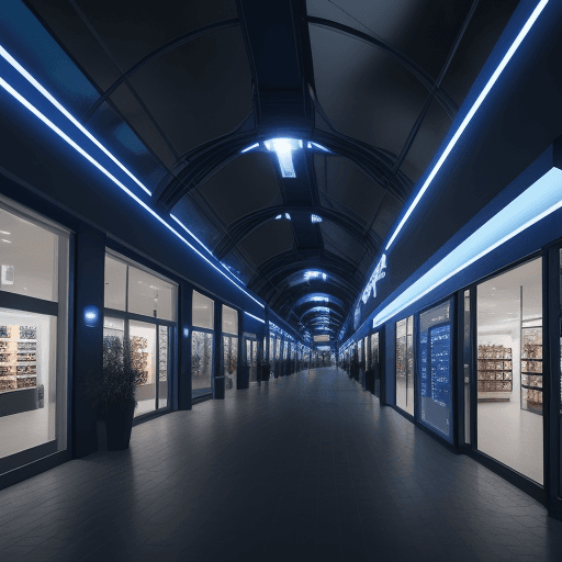 AI generated: Dark Blue shopping center with a futuristic look