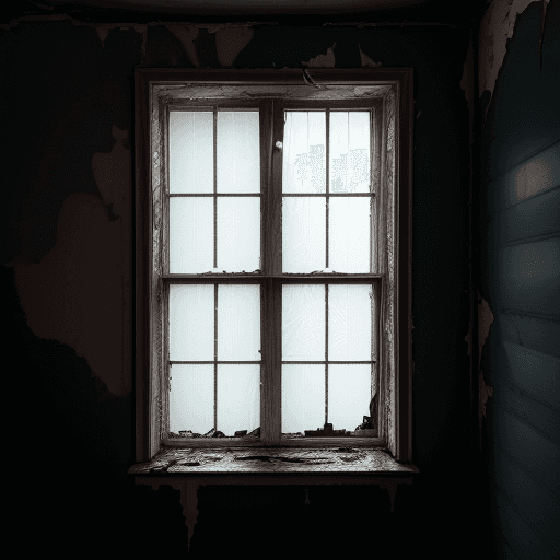 AI generated: 
Colored Second floor window from outside of an abandoned, old, haunted and dark house, the window i...