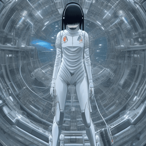 AI generated: Girl in spacesuit, spaceship inside, Tsutomu Nihei style, Sidonia no Kishi, gigantism, laser generat...