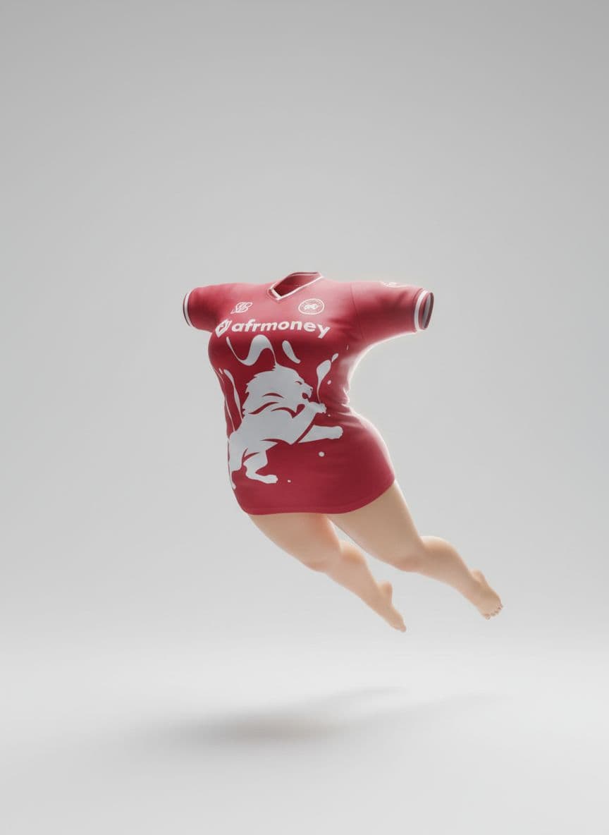 AI generated: A voluptuous female body  realistic 3D mock-up of a red soccer jersey in a “Leap of Faith” floating ...