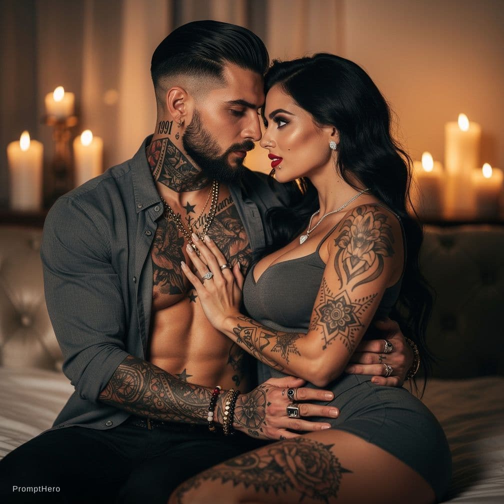 AI generated: Un ritratto di una giovane e attraente coppia, lui un uomo italiano molto sexy con occhi azzurri, so...