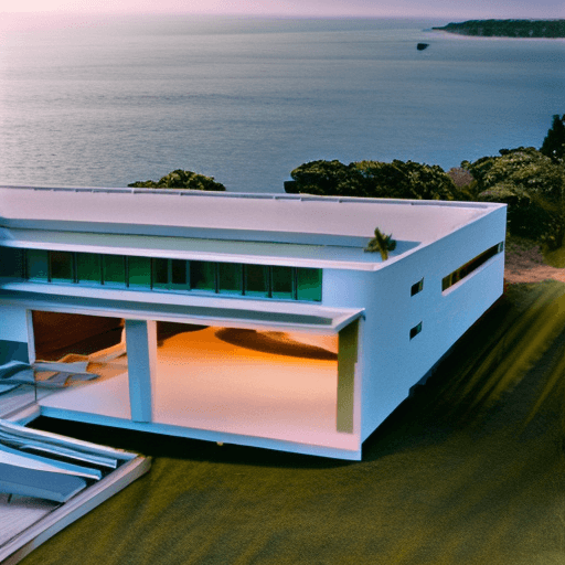 AI generated: Hyper realistic eye level exterior photo of a mid century modern style house overlooking the ocean, ...
