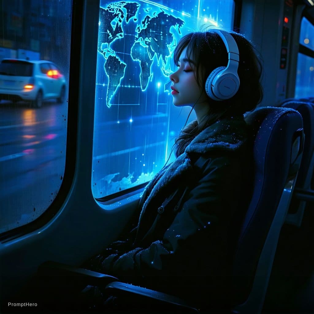 AI generated: girl, headphones, sleeping, in bus, star map outside,  in the style of Pino Daeni,  outside shine,, ...