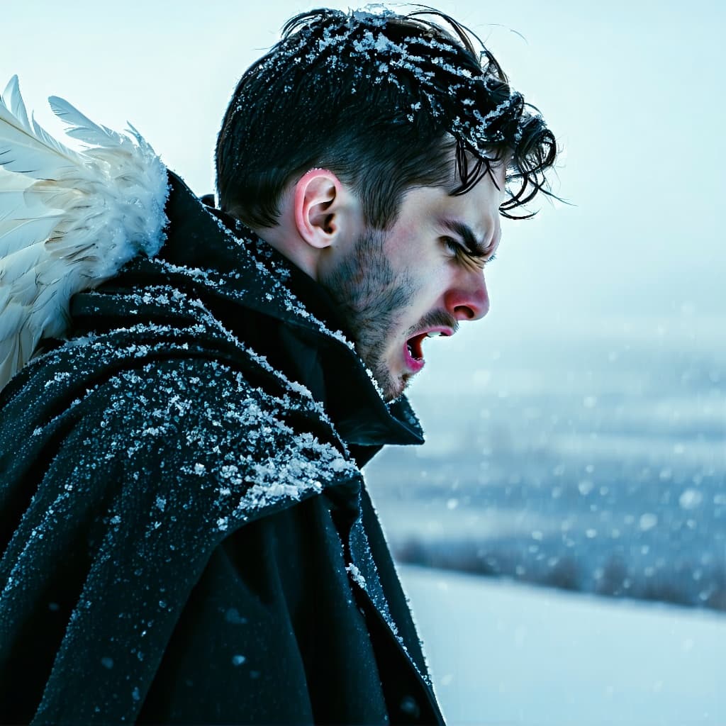 AI generated: Side profile portrait of a man standing in a snowy, wind-swept landscape. Only his jawline and mouth...