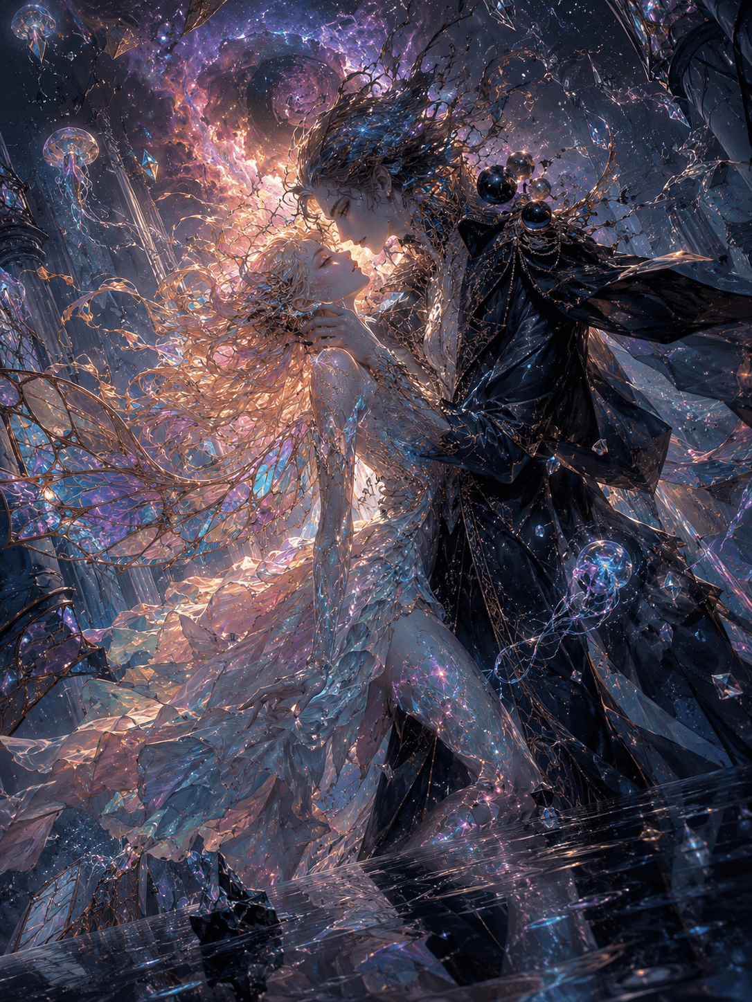 AI generated: Divine couple suspended in an intimate gravity-defying waltz inside a shattered crystal cathedral fl...