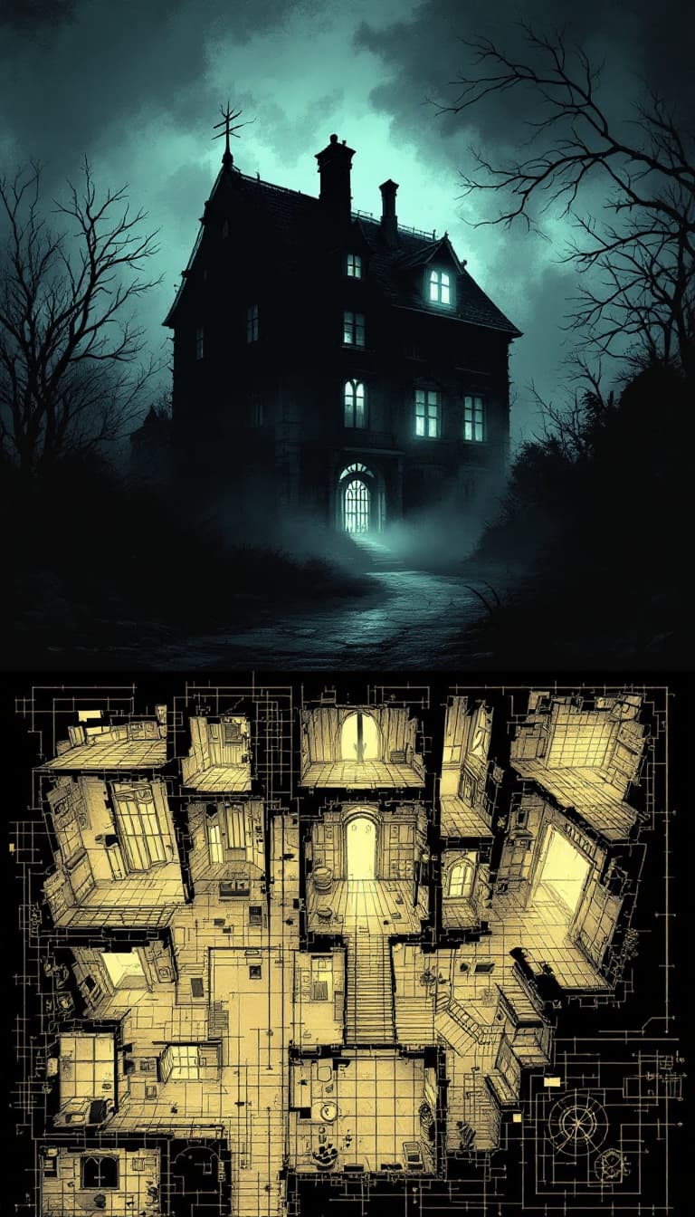 AI generated: An image in a Victorian Penny Dreadful comic style of a gloomy sketch of a three-story building, shr...