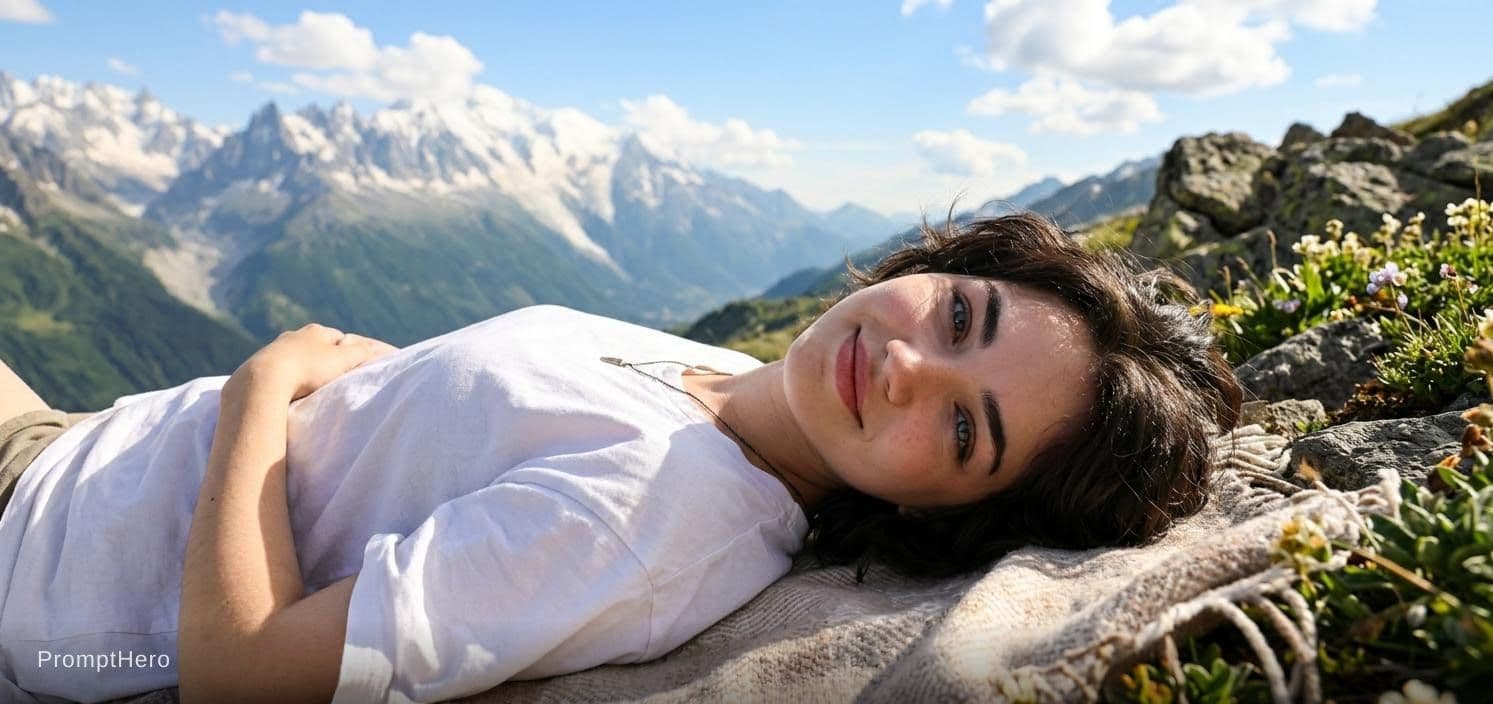 AI generated: Make her on a mountain laying down 