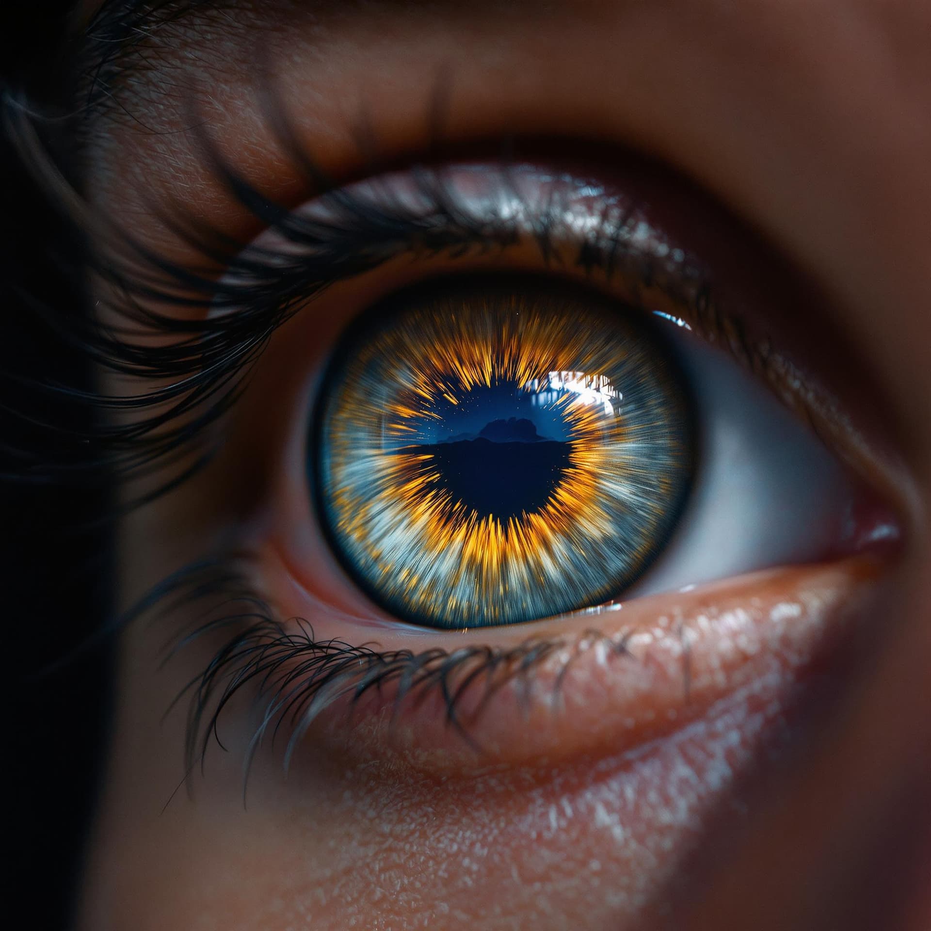 AI generated: Close up of a human eye, hazel in color. Reflected in the pupil is a nuclear explosion at night

