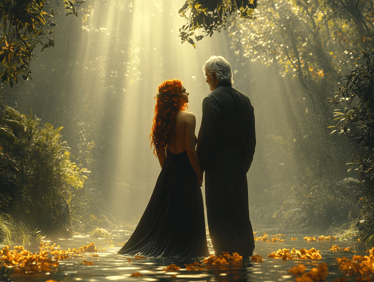 AI generated: In a lush, mystical forest, a woman with vibrant red wavy hair in a flowing black dress looks up at ...