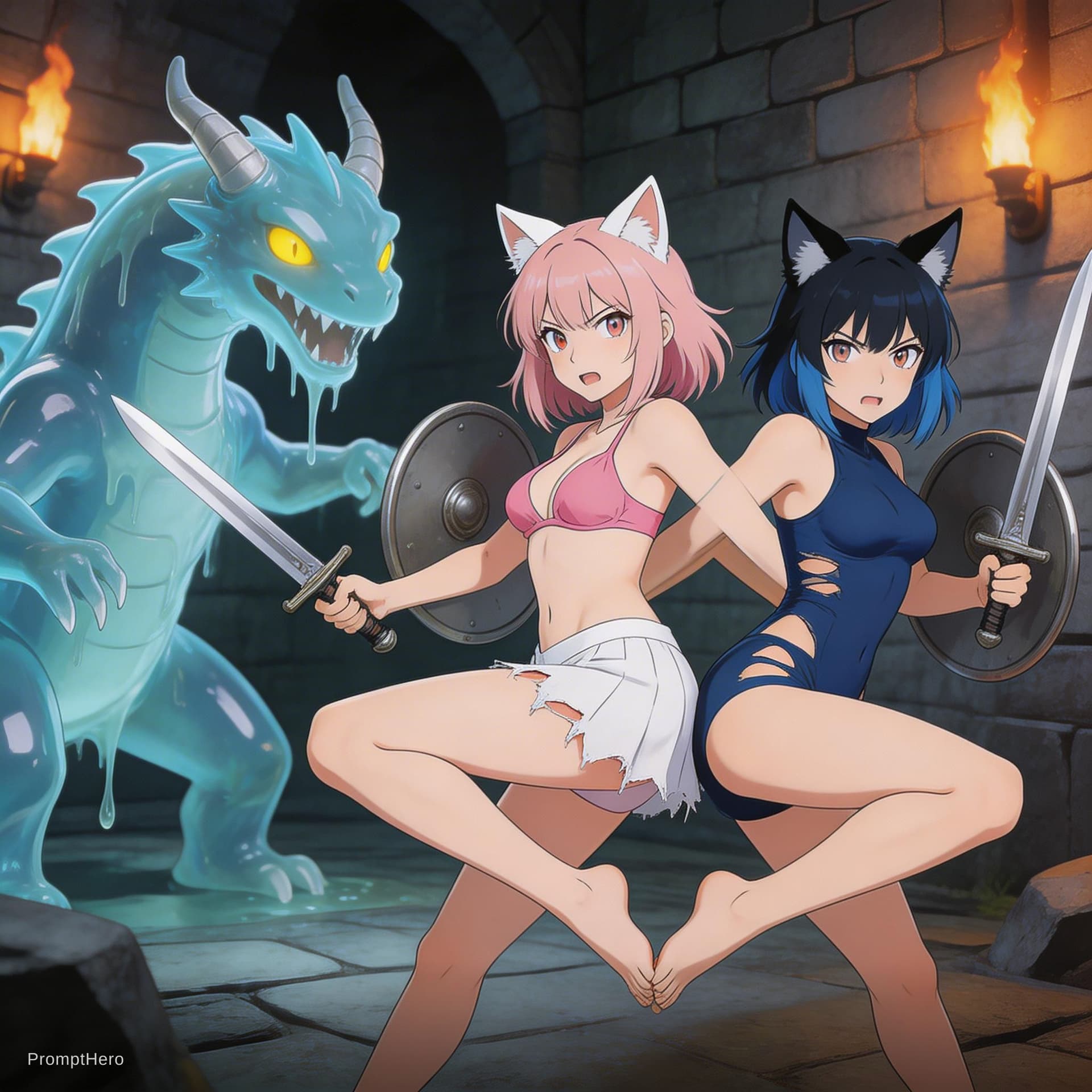 AI generated: anime Demihuman girls in bikini and leotards fighting a slime dragon in a dungeon with sword and shi...