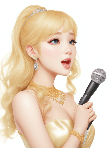 AI generated: beautiful girl use karaoke to sing, white golden background, diamond necklace