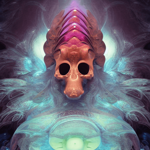 AI generated: Goddess close-up portrait ribcagel. jellyfish phoenix head, nautilus, orchid, skull, betta fish, bio...