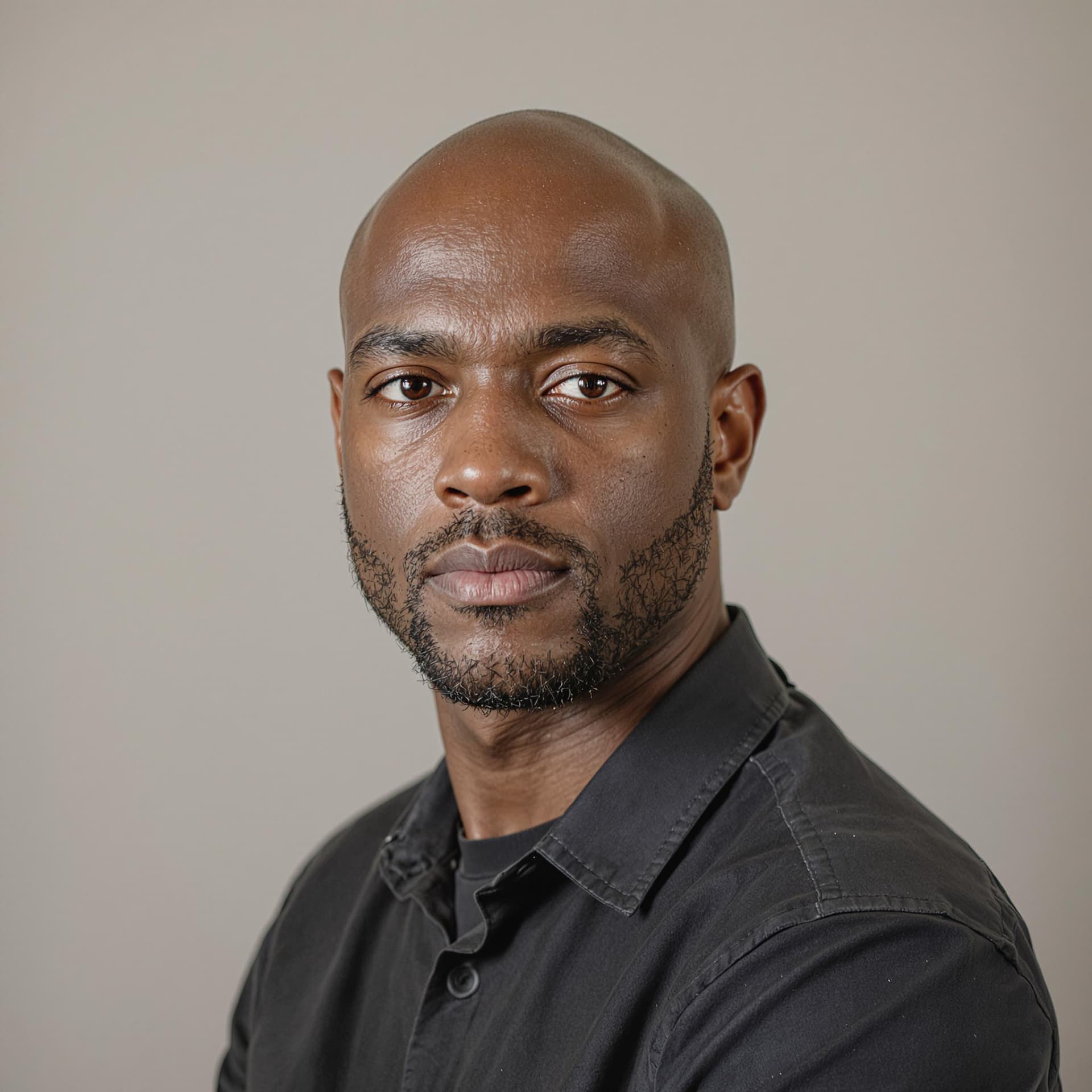 AI generated: a bald black male in his thirties with facial stubble, posing for the camera against a neutral backg...