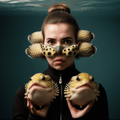 AI generated: woman wearing a puffer fish on her face, surreal comic scenes, jarring juxtapositions, photo-realist...