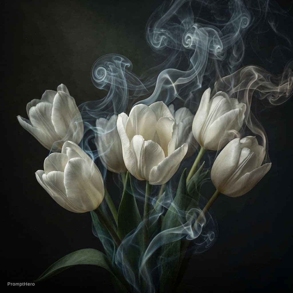 AI generated: white tulip bouquet opening, liquid smoke fractals, elegant botany, dynamic movement, raphael, carav...