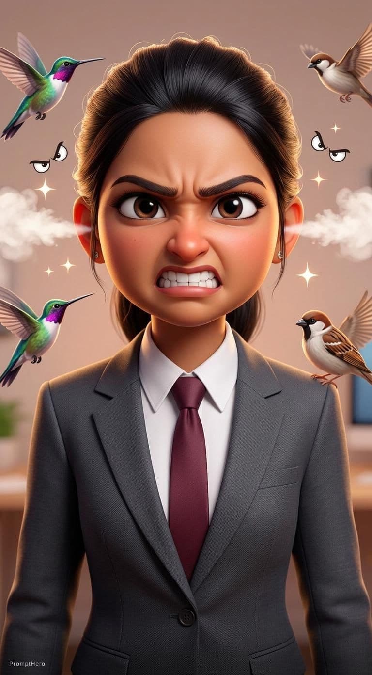 AI generated: a young girl in a business suit with a very angry expression, in the style of unreal engine 5, carto...