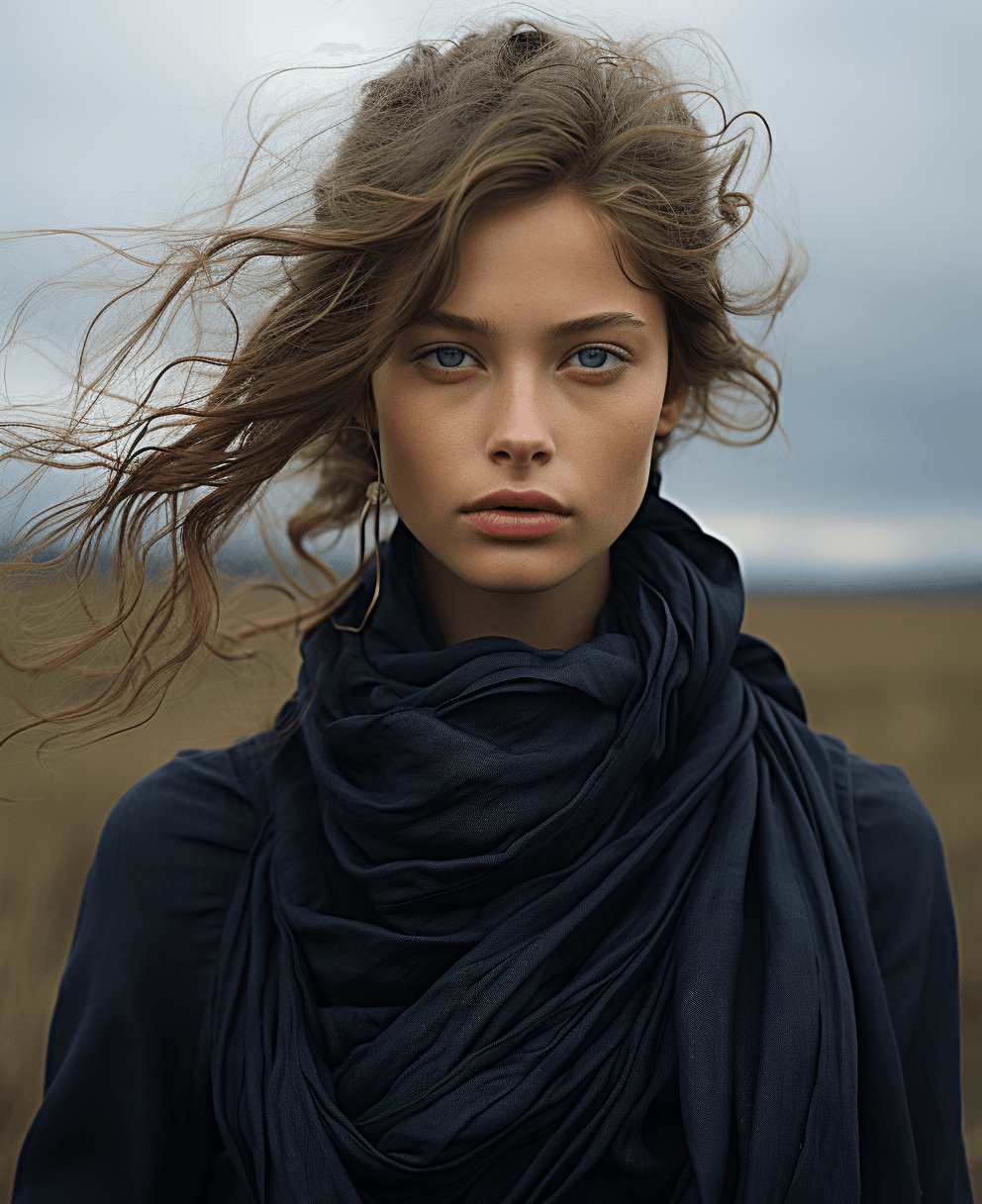 AI generated: the woman in the field is dressed for the camera, in the style of daria endresen, kris knight, scott...