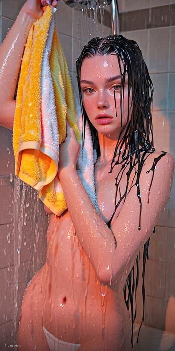 AI generated: A 8K masterpiece,ultra-detailed,full body image of a beautiful face,25-year-old with wet hair steppi...