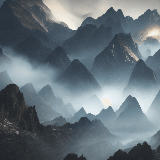 AI generated: background mountains, epic extreme long shot, dark mood and strong backlighting, volumetric lights, ...