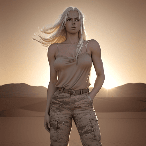 AI generated: Low angle, dolly shot, photograph of 24 year old with long platinum blonde hair blowing in the mojav...
