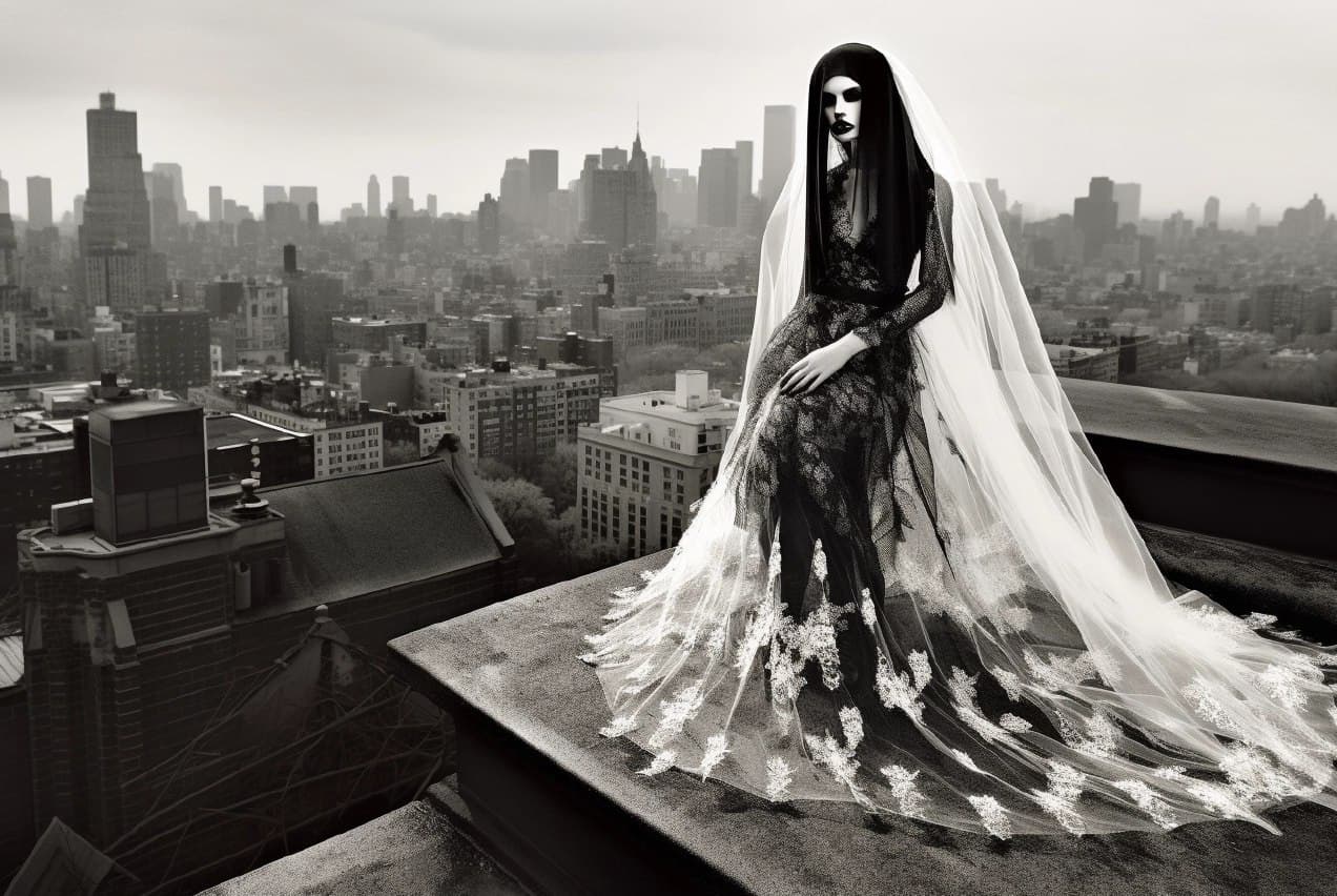 AI generated: a black and white photo of a woman with a veil over her head, vogue cover style, new york city as ba...