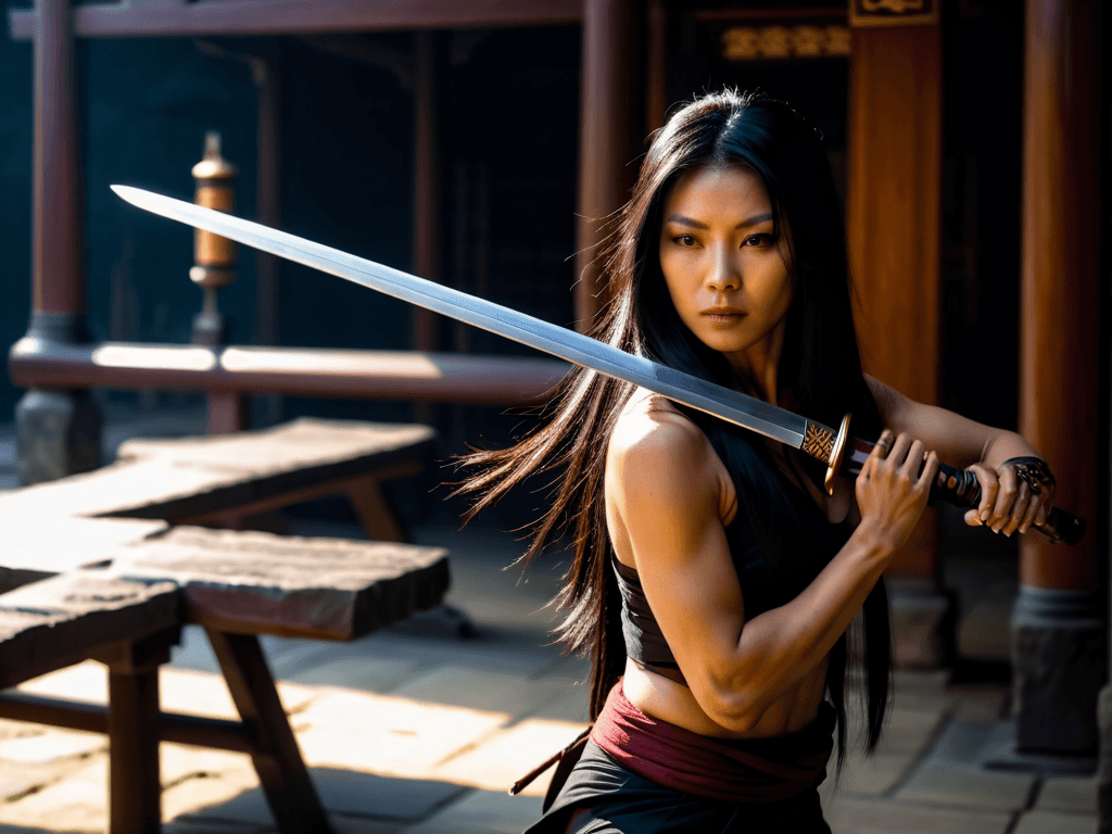 AI generated: Medium close-up, candid photograph of, an Asian woman with long black hair and fit abs, dressed as a...