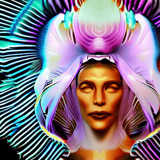 AI generated: Goddess close-up portrait ribcagel. jellyfish phoenix head, nautilus, orchid, skull, betta fish, bio...