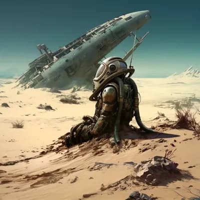 AI generated video: A dead alien sits on a sand dune, the wind blows, the camera moves closer