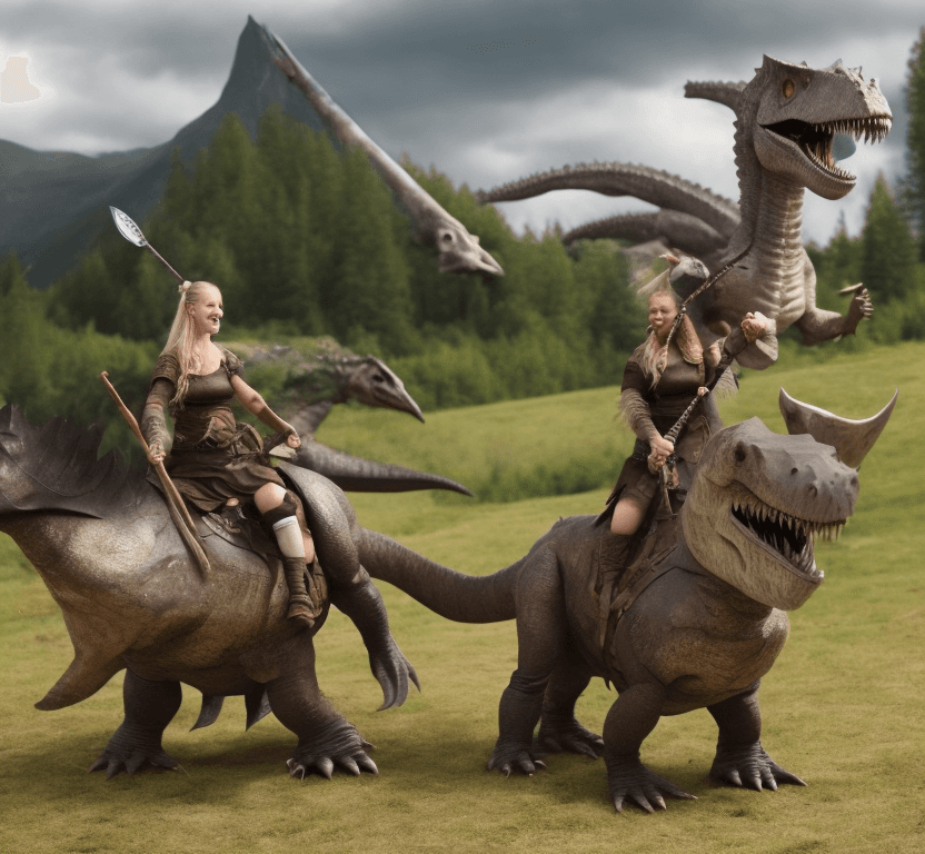 AI generated: a cute   female viking is riding a T.Rex