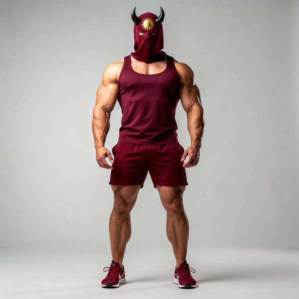 AI generated: A big muscular man wearing maroon short shorts and a maroon tank top and a hood plus a maroon mask w...