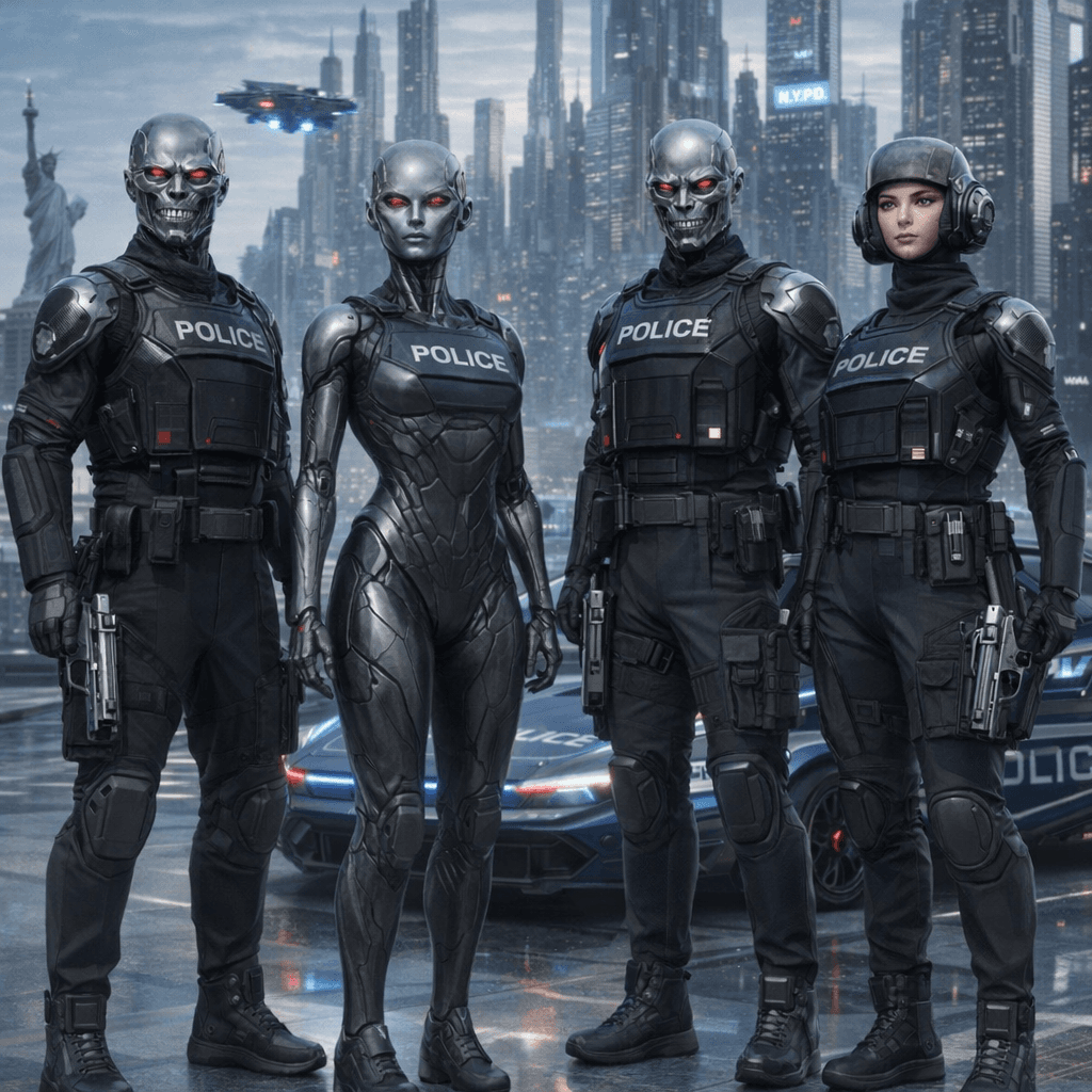 AI generated: Create an image of four futuristic Ailfs, reference images three and four, male and female, as Polic...