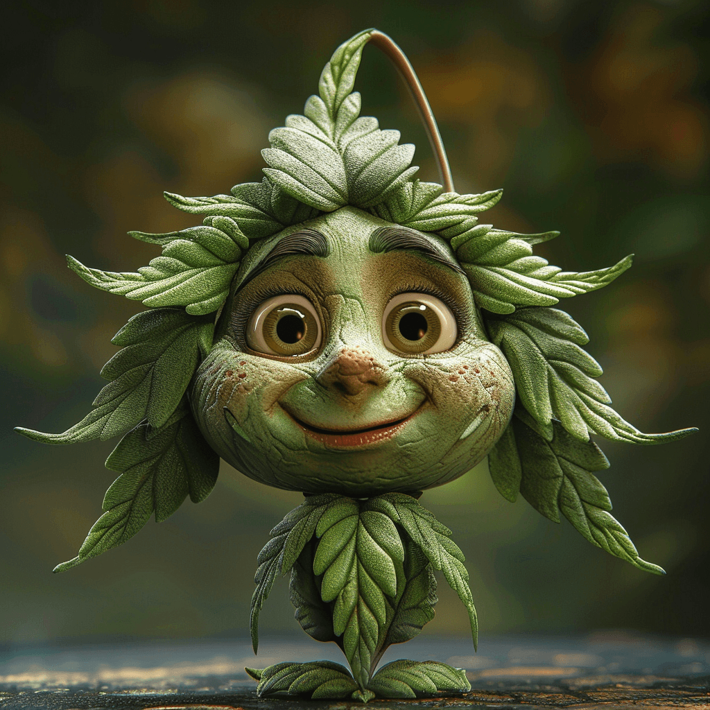 AI generated: a cannabis leaf with a realistic face done in the style of Pixar --ar 1:1 --stylize 450