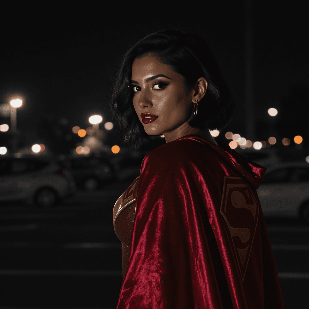 AI generated: photo of supergirl in a supergirl costume with a red cape on her back, black hair, short hair, tan s...