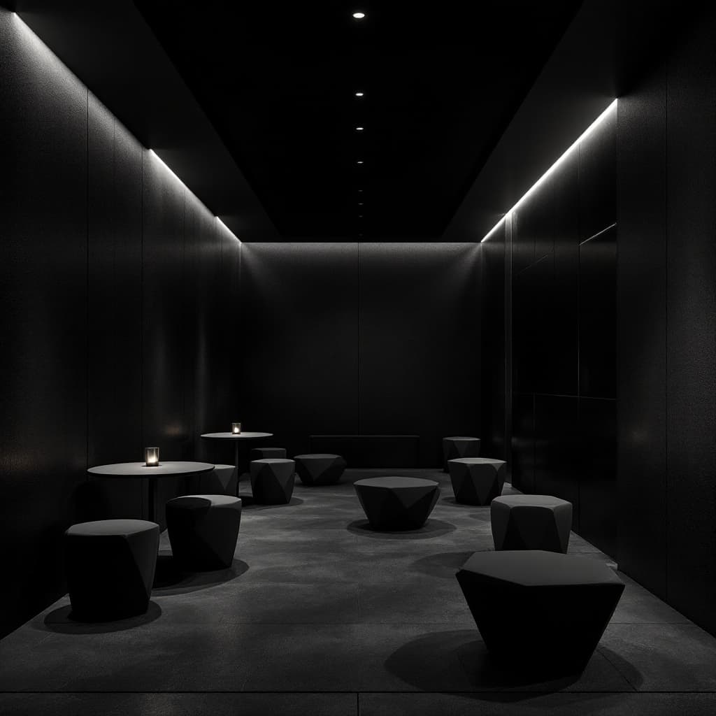 AI generated: visualize a sleek lounge area with dark, textured walls and recessed linear lighting, furniture cons...
