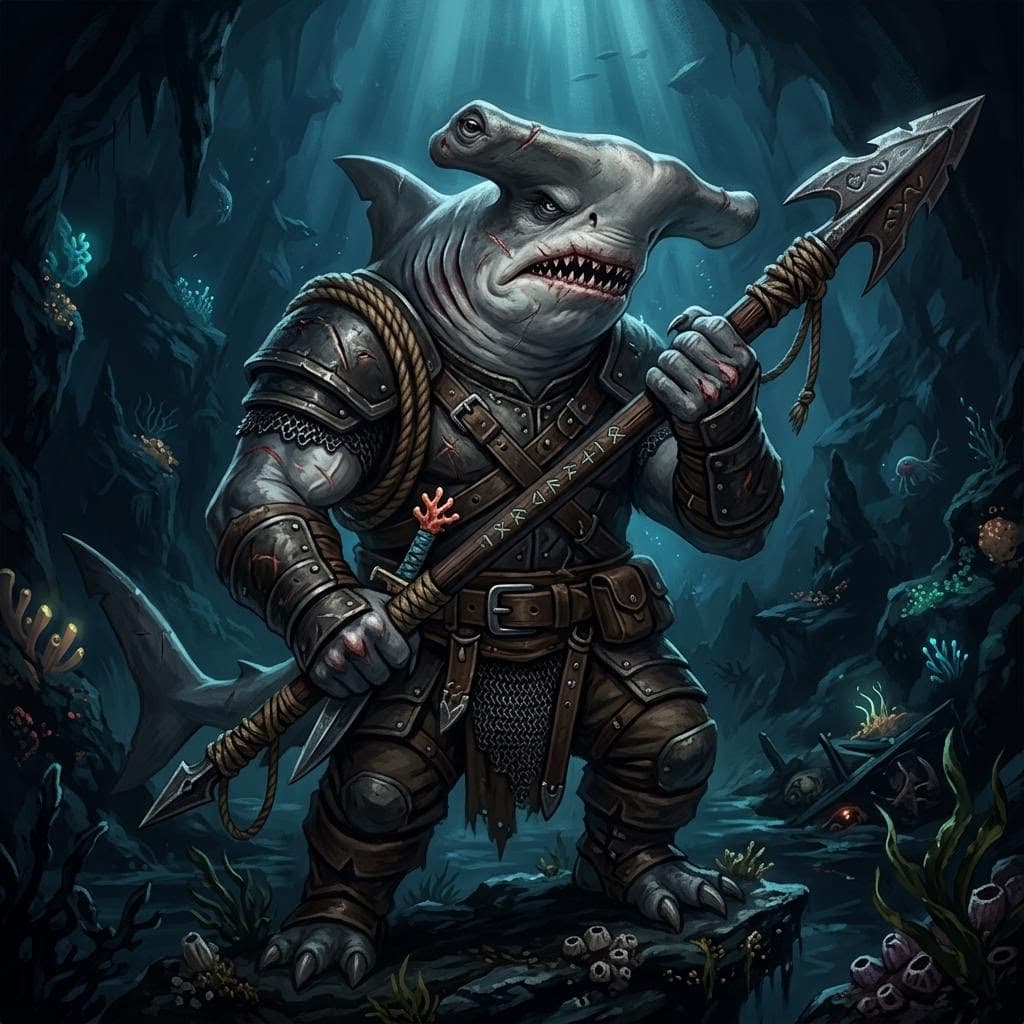 AI generated: an older male anthropomorphic hammerhead shark, muscular build holding a harpoon in his hands, backg...