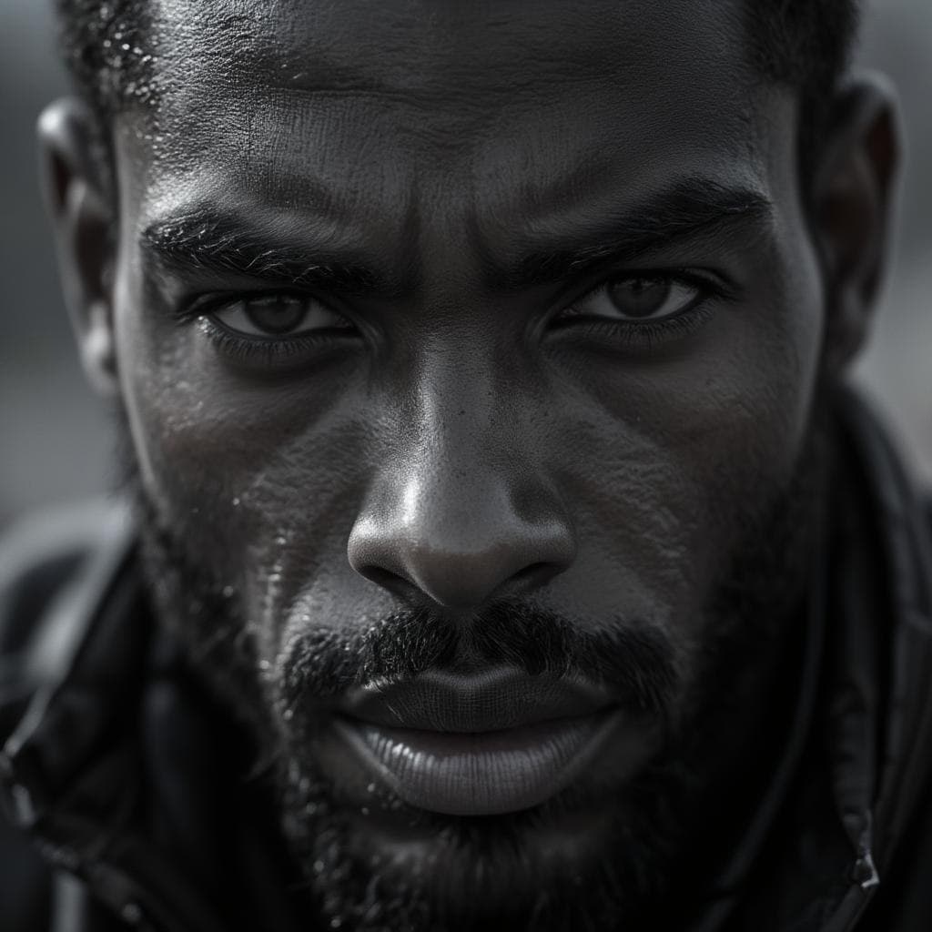 AI generated: wallpaper, high texture quality photo of black man, staring at camera, extreme close-up, black and w...
