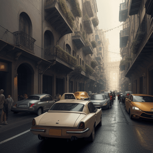 AI generated: cars parked on the streets without allowing passage on the road with a flow of people 8k, intricate ...