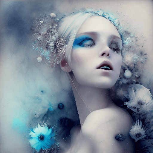 AI generated: By Eric Lacombe By Patrice Murciano Frostpunk Fashion Photography, white glacial blue, minimalism, s...