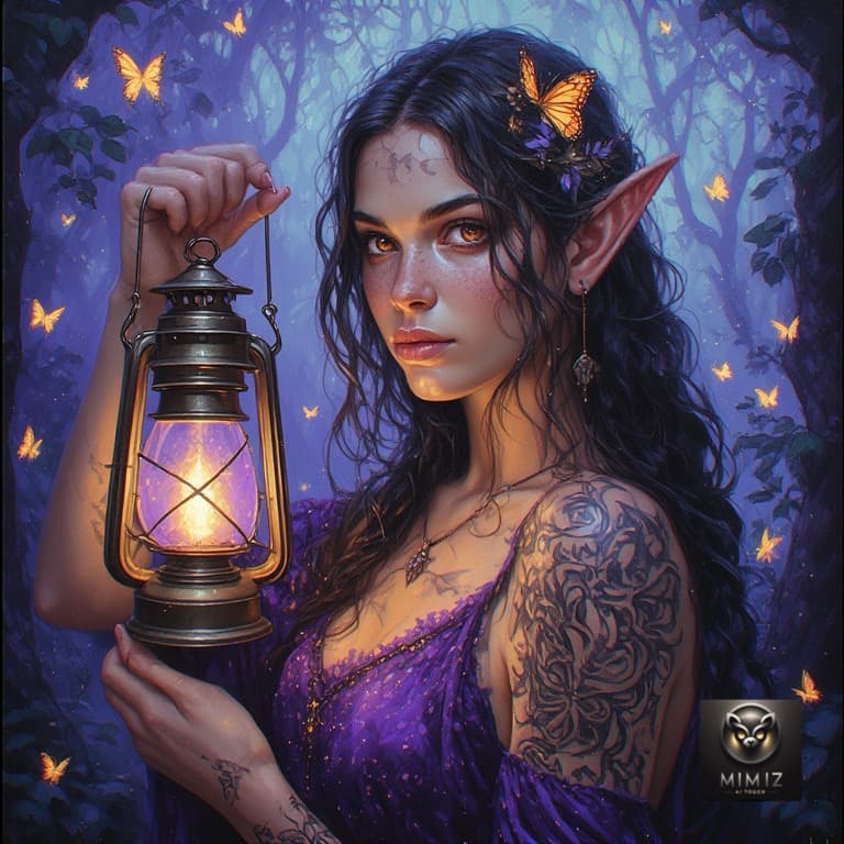 AI generated: Perchance 
A dark elf woman holding a glowing lantern in an enchanted forest, pointed ears, glowing ...