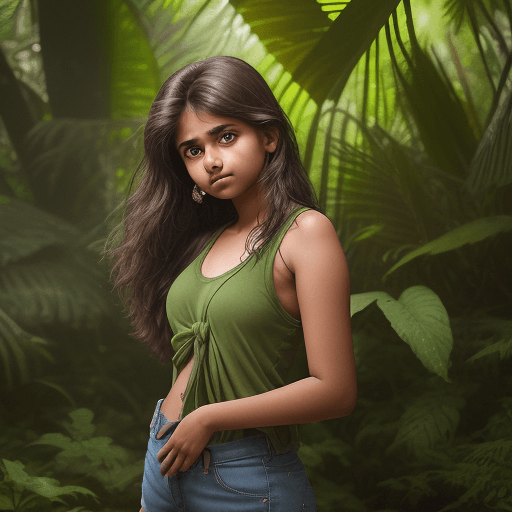 AI generated: A 17 year old Indian girl is posing in a natural trail in a jungle , she is wearing a loose green ta...