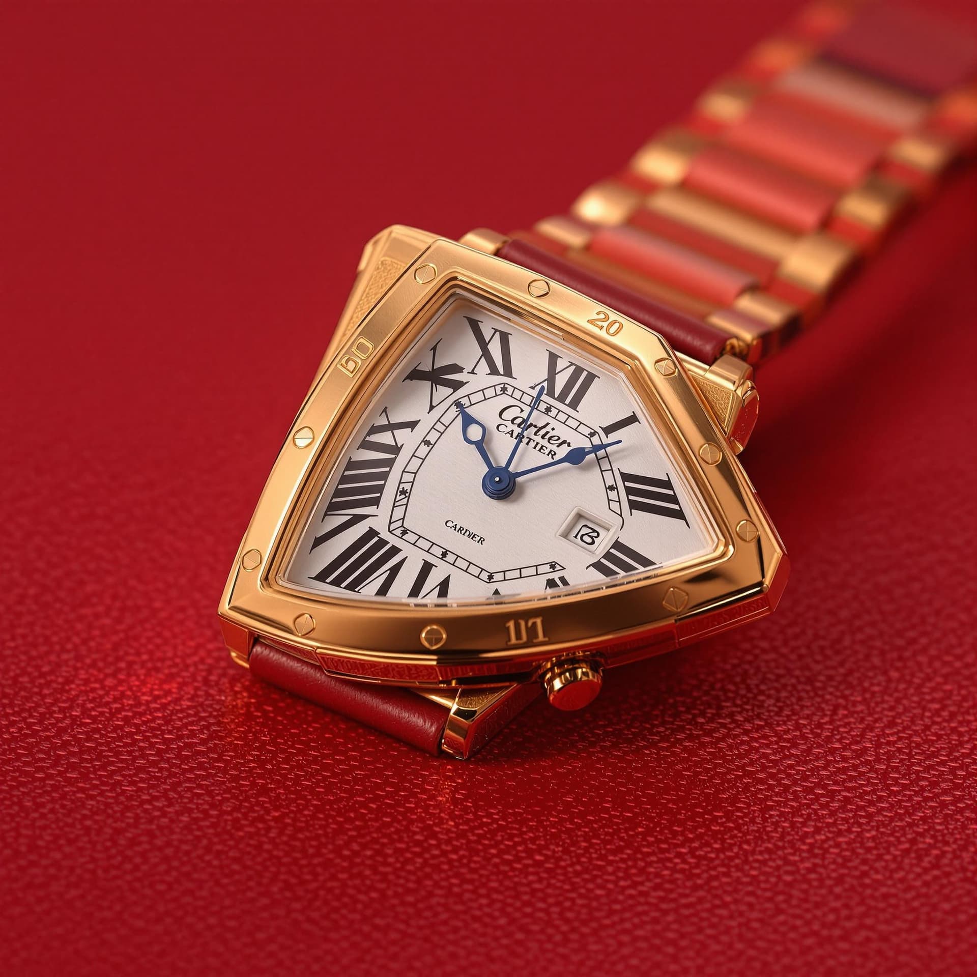 AI generated: Triangle tank Cartier gold watch packshot on a red background 