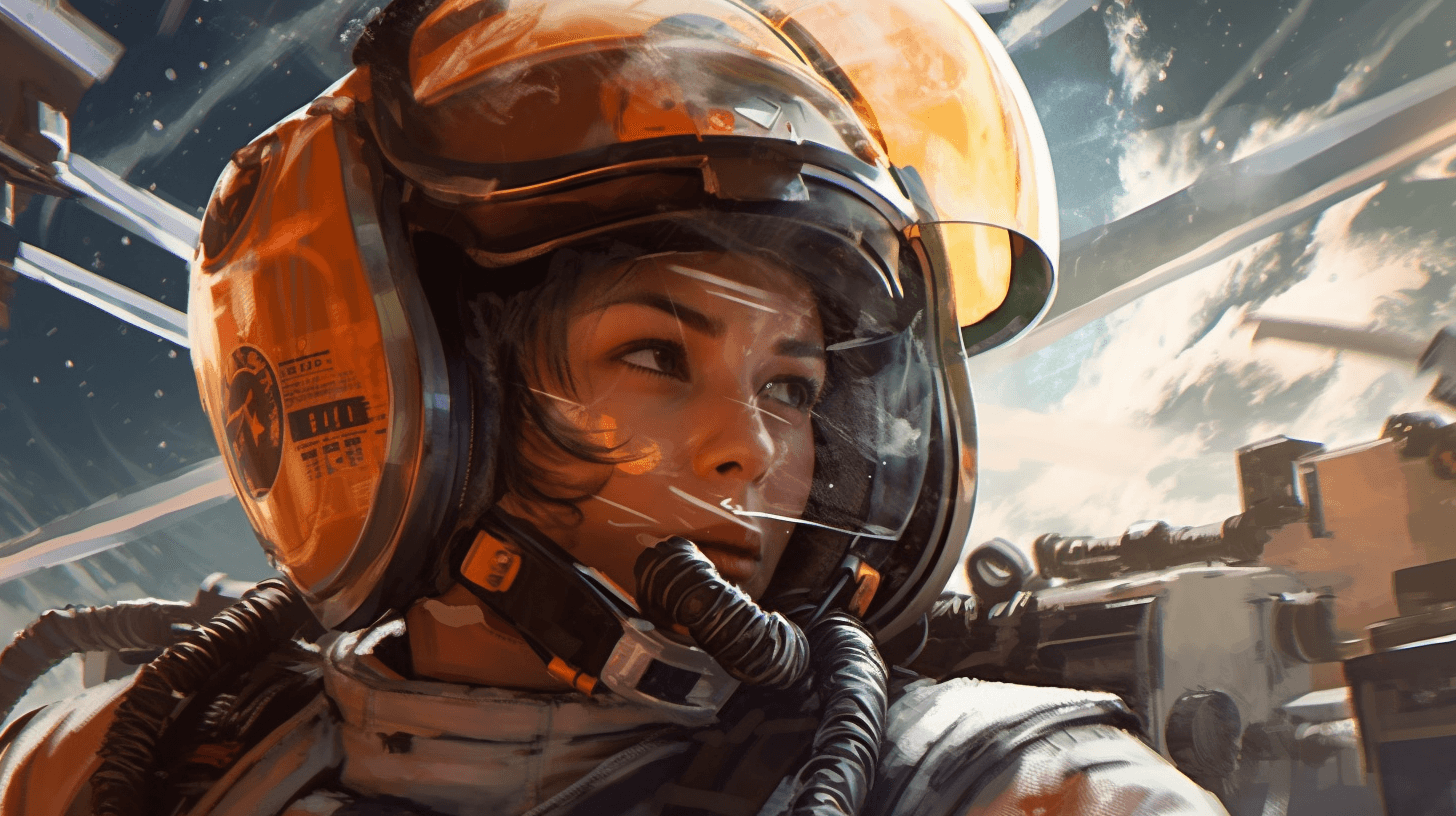 AI generated: star wars, x-wing fighter, floating in space, female pilot, X insignia on canopy, futuristic, charac...