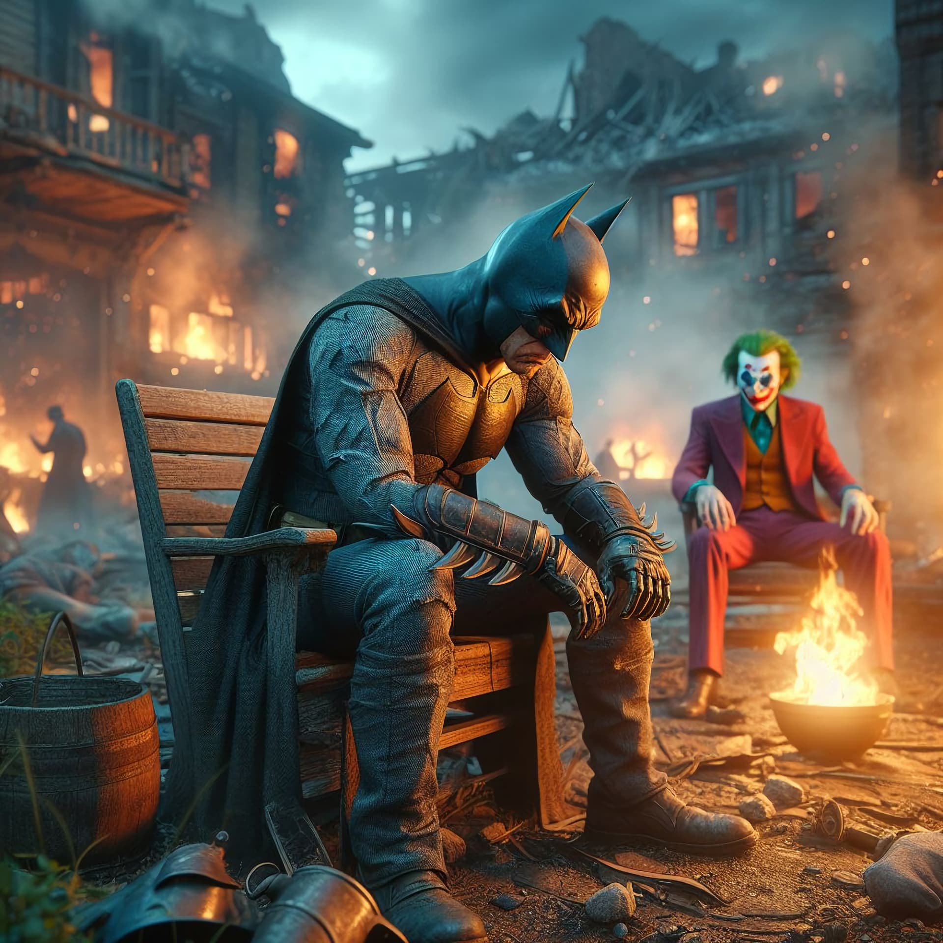 AI generated: old batman in a park ,sitting,Depression, photorealistic, very high detailed, dynamic lights, ultrar...
