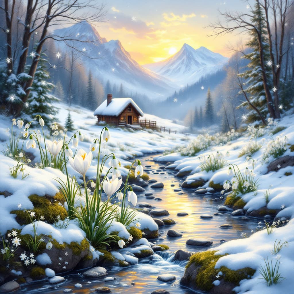 AI generated: A snow scene of tiny crocus and snowdrop flowers, snowflakes and a mountain stream with mossy rocks ...
