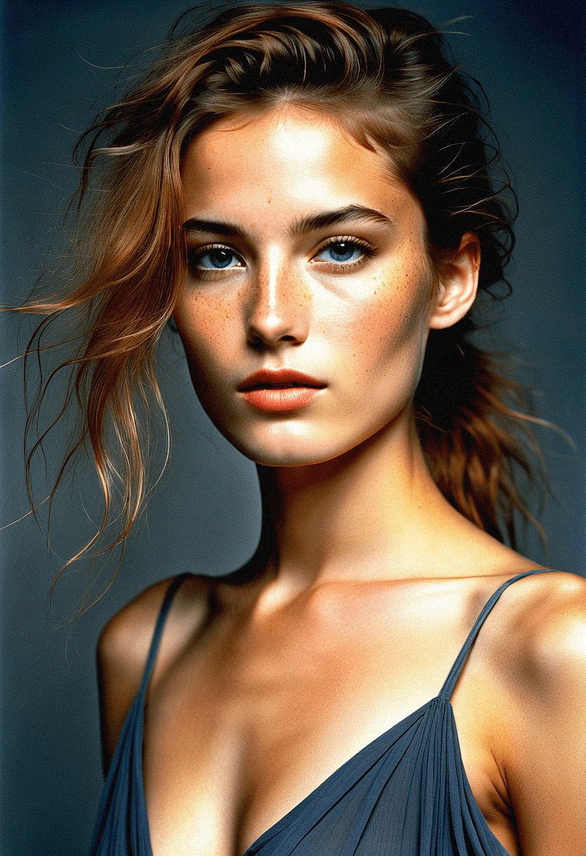 AI generated: The image features a beautiful young woman with long, messy hair. She is wearing a gray dress that a...