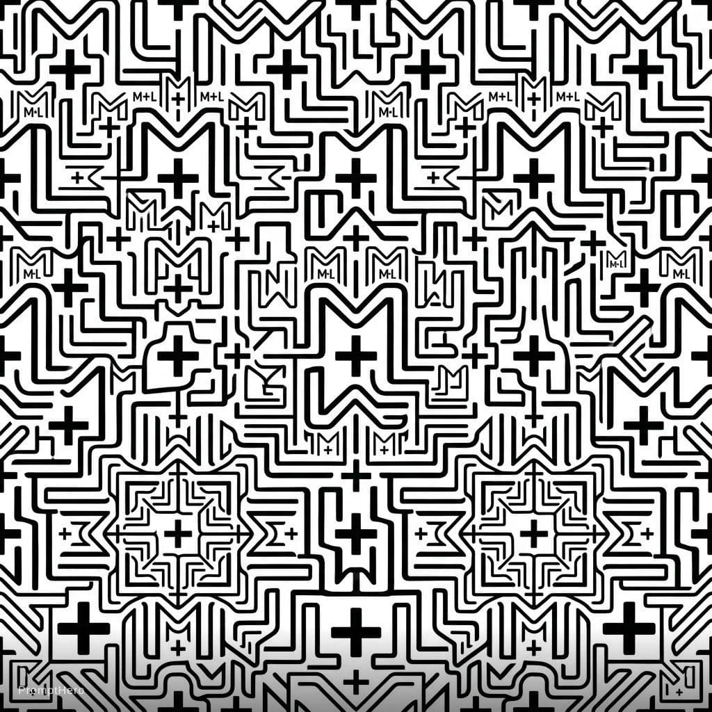 AI generated: create a pattern the text "M+L" in black on white. The pattern should fit exactly into itself on eve...