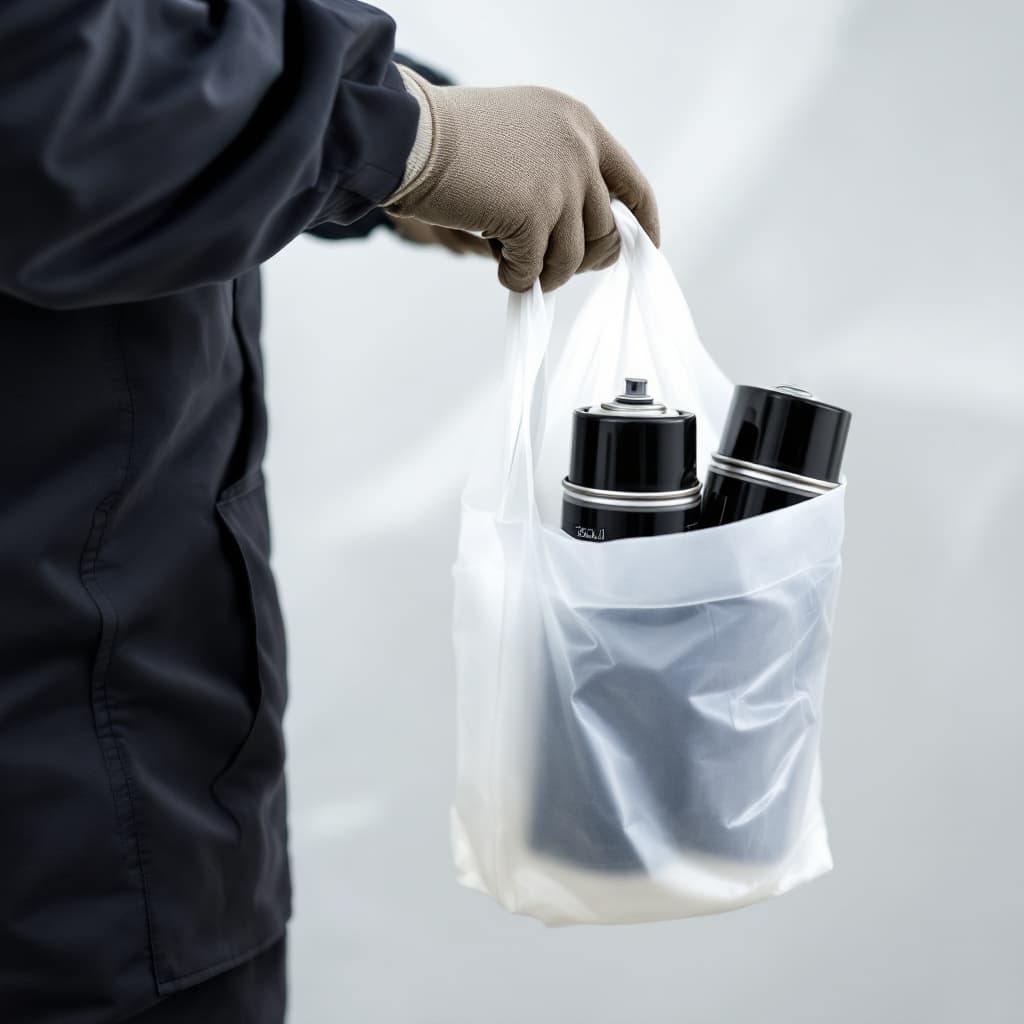 AI generated: Focusing on a white plastic bag with a couple of 360ml black spray cans inside that is held by a man...