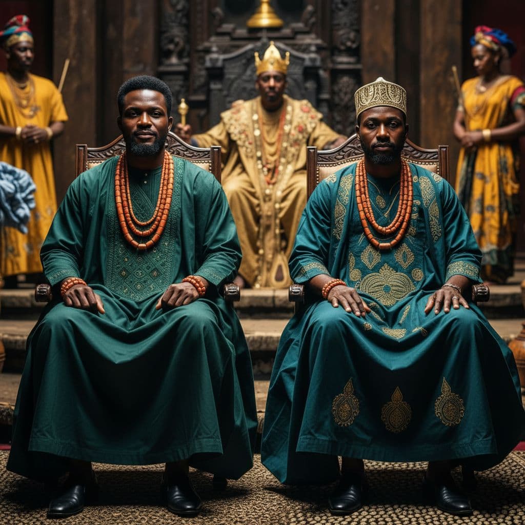 AI generated: Create an ultra-realistic front-facing portrait of two regal African men sitting side-by-side, facin...